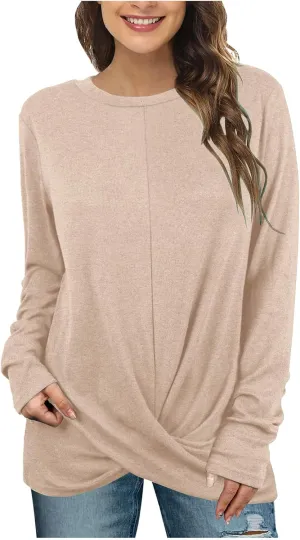 Womens Casual Crewneck Sweatshirts Long Sleeve Solid Color Hoodies Loose Fit Soft Pullover Tops Cross Spliced Top