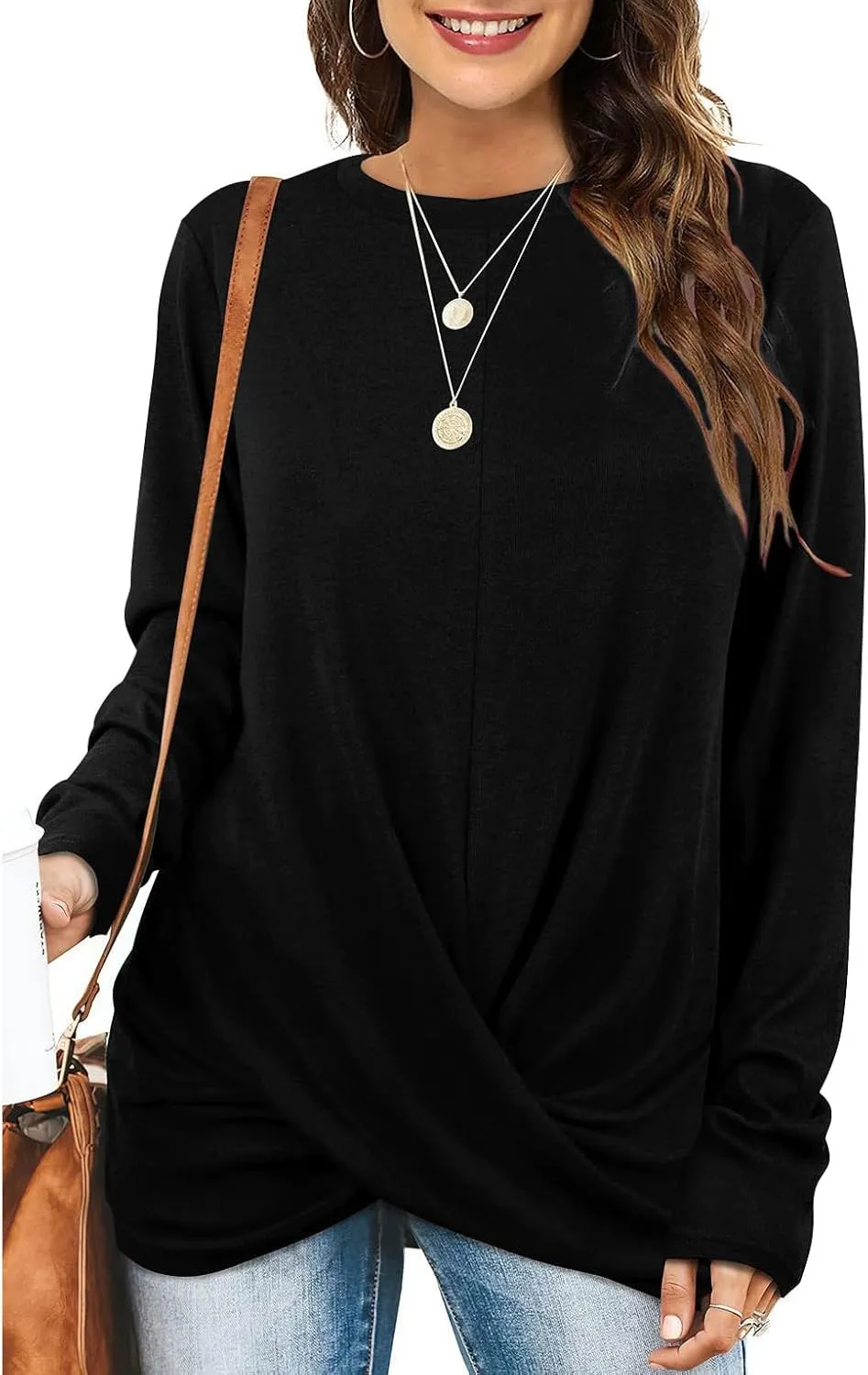 Womens Casual Crewneck Sweatshirts Long Sleeve Solid Color Hoodies Loose Fit Soft Pullover Tops Cross Spliced Top