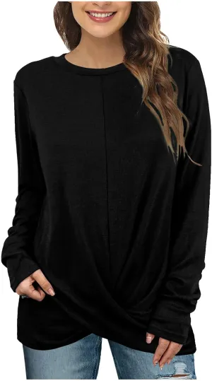 Womens Casual Crewneck Sweatshirts Long Sleeve Solid Color Hoodies Loose Fit Soft Pullover Tops Cross Spliced Top