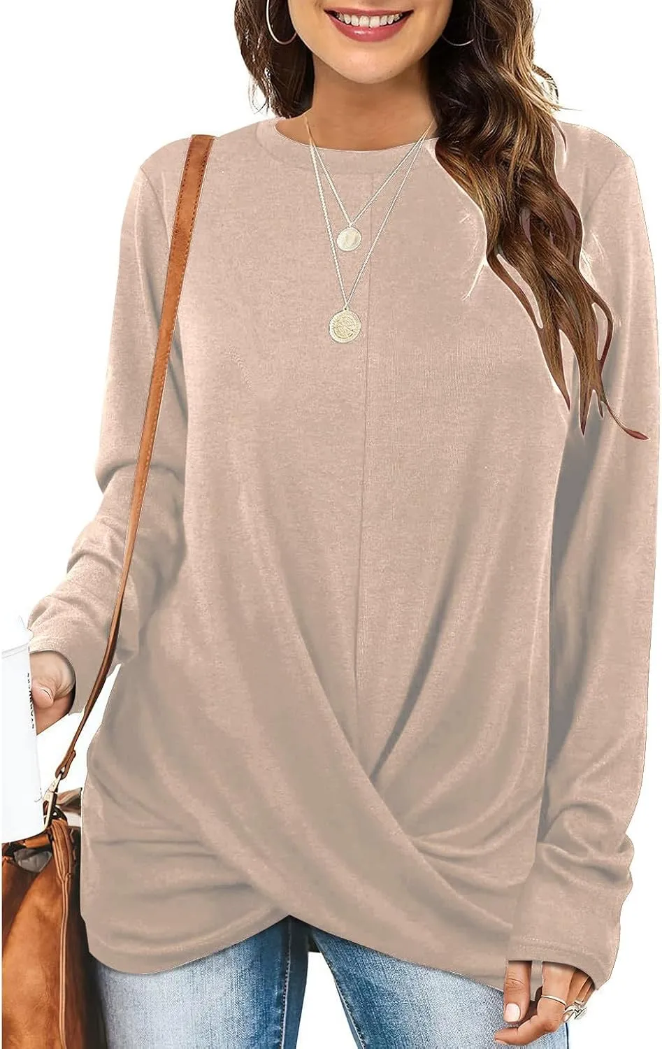 Womens Casual Crewneck Sweatshirts Long Sleeve Solid Color Hoodies Loose Fit Soft Pullover Tops Cross Spliced Top