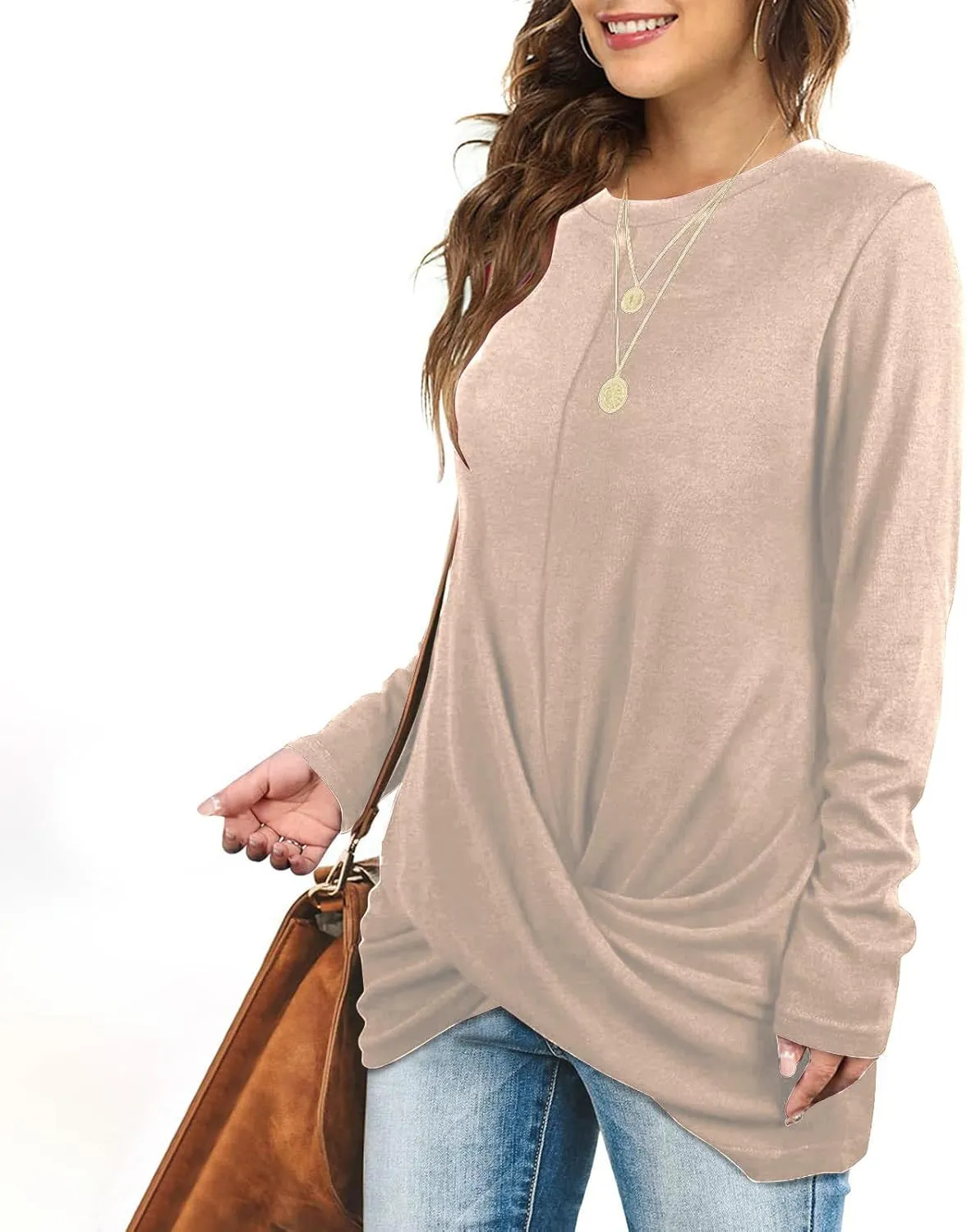 Womens Casual Crewneck Sweatshirts Long Sleeve Solid Color Hoodies Loose Fit Soft Pullover Tops Cross Spliced Top