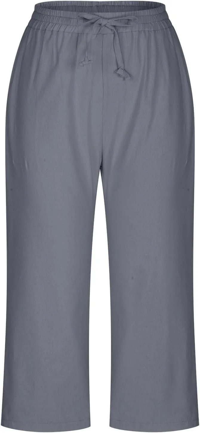 Women's Cotton Linen Pants Chic Drawstring Waist Cropped Harem Pant with Side Pockets Casual Summer Outfits Trousers