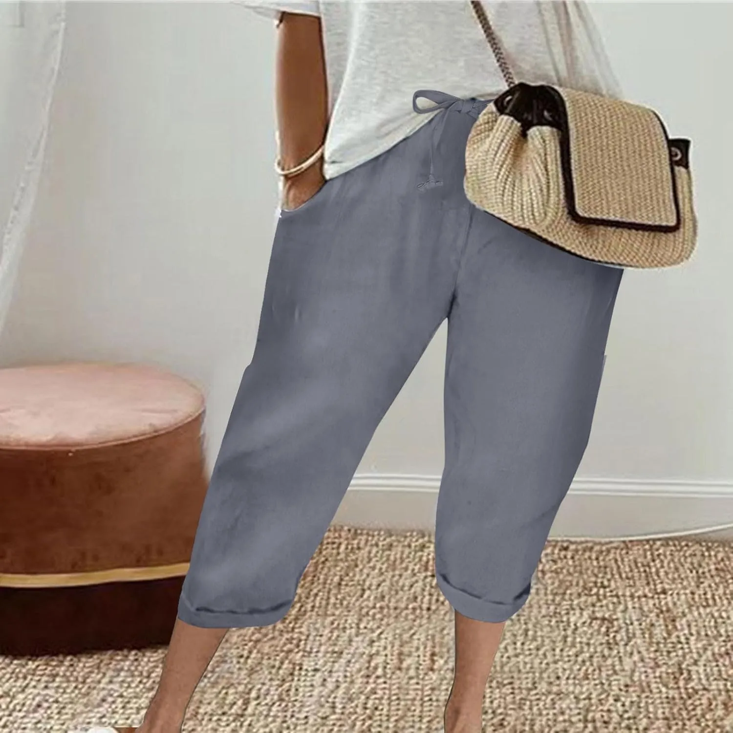 Women's Cotton Linen Pants Chic Drawstring Waist Cropped Harem Pant with Side Pockets Casual Summer Outfits Trousers