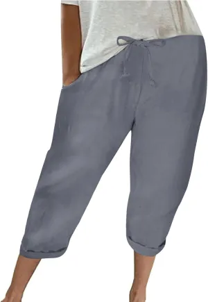 Women's Cotton Linen Pants Chic Drawstring Waist Cropped Harem Pant with Side Pockets Casual Summer Outfits Trousers