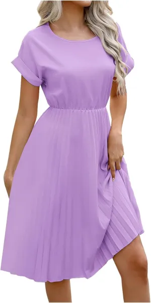 Women's Crew Neck Short Sleeve Dresses Classy Simple Solid A-Line Pleated Dresses Casual Summer Beach Sundress