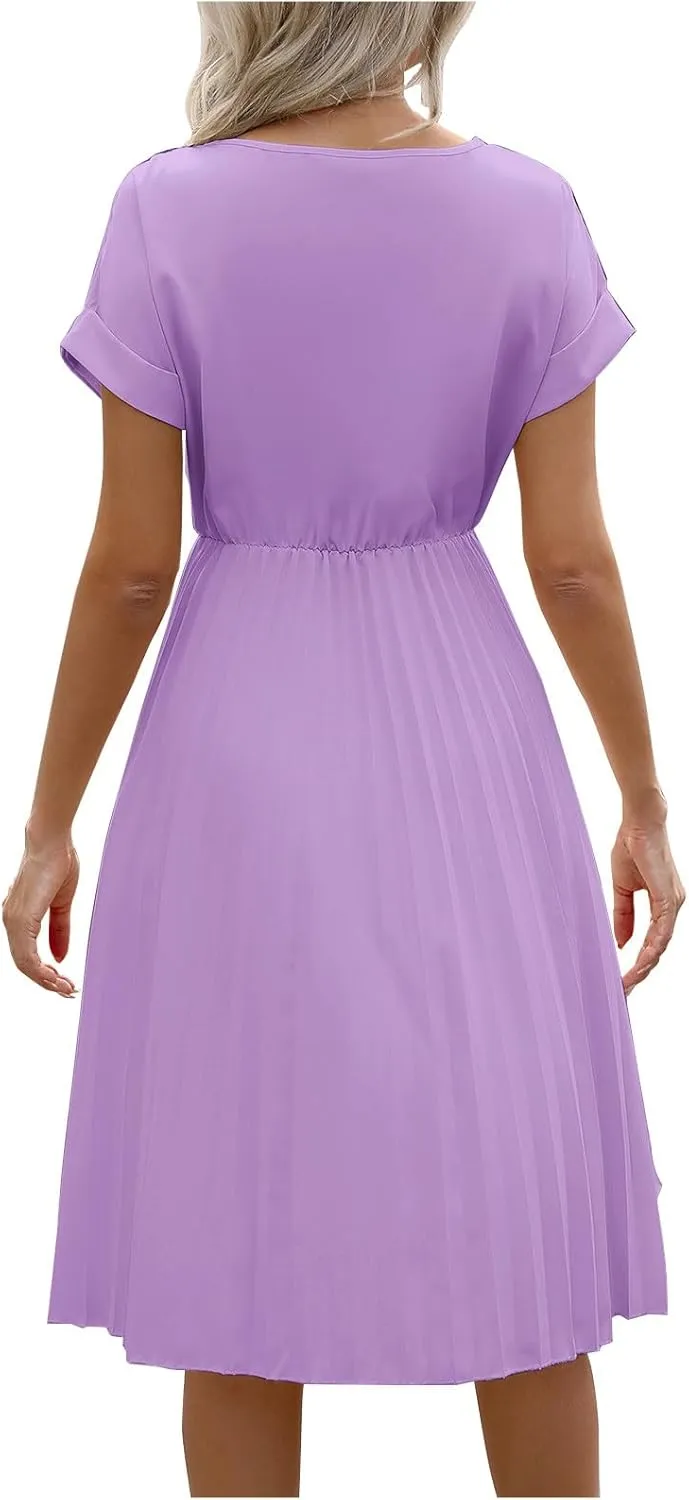 Women's Crew Neck Short Sleeve Dresses Classy Simple Solid A-Line Pleated Dresses Casual Summer Beach Sundress