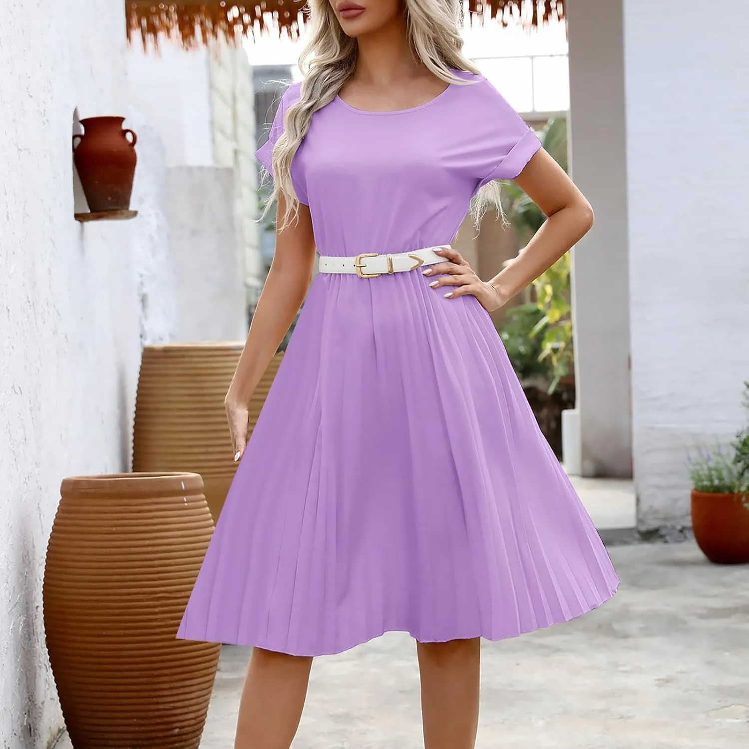 Women's Crew Neck Short Sleeve Dresses Classy Simple Solid A-Line Pleated Dresses Casual Summer Beach Sundress