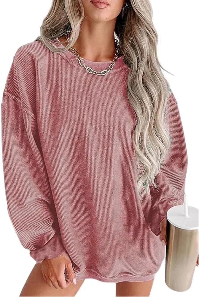 Womens Crewneck Oversized Corduroy Corded Sweatshirt Casual Long Sleeve Trendy Pullover Comfy Tops