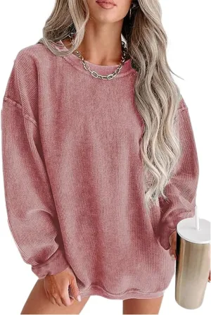Womens Crewneck Oversized Corduroy Corded Sweatshirt Casual Long Sleeve Trendy Pullover Comfy Tops