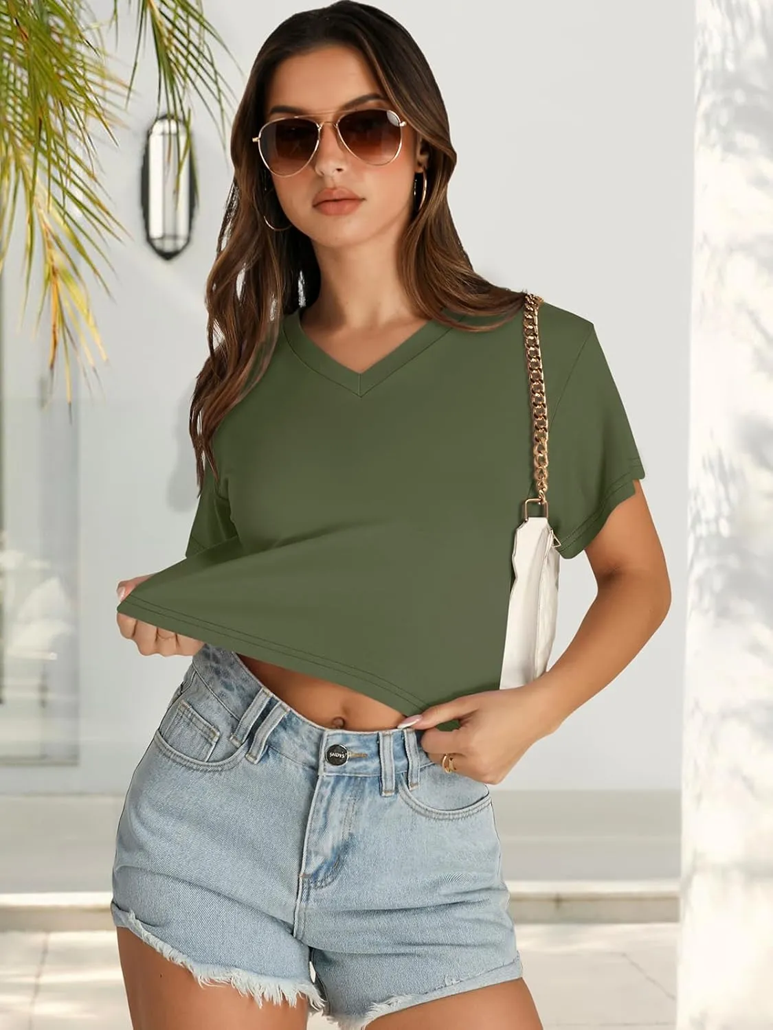 Womens Crop Tops Summer Baisc Tees V Neck T Shirts Casual Short Sleeve Cropped Top