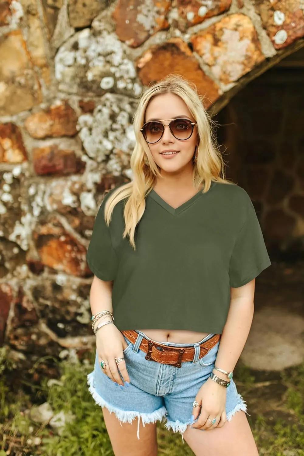 Womens Crop Tops Summer Baisc Tees V Neck T Shirts Casual Short Sleeve Cropped Top