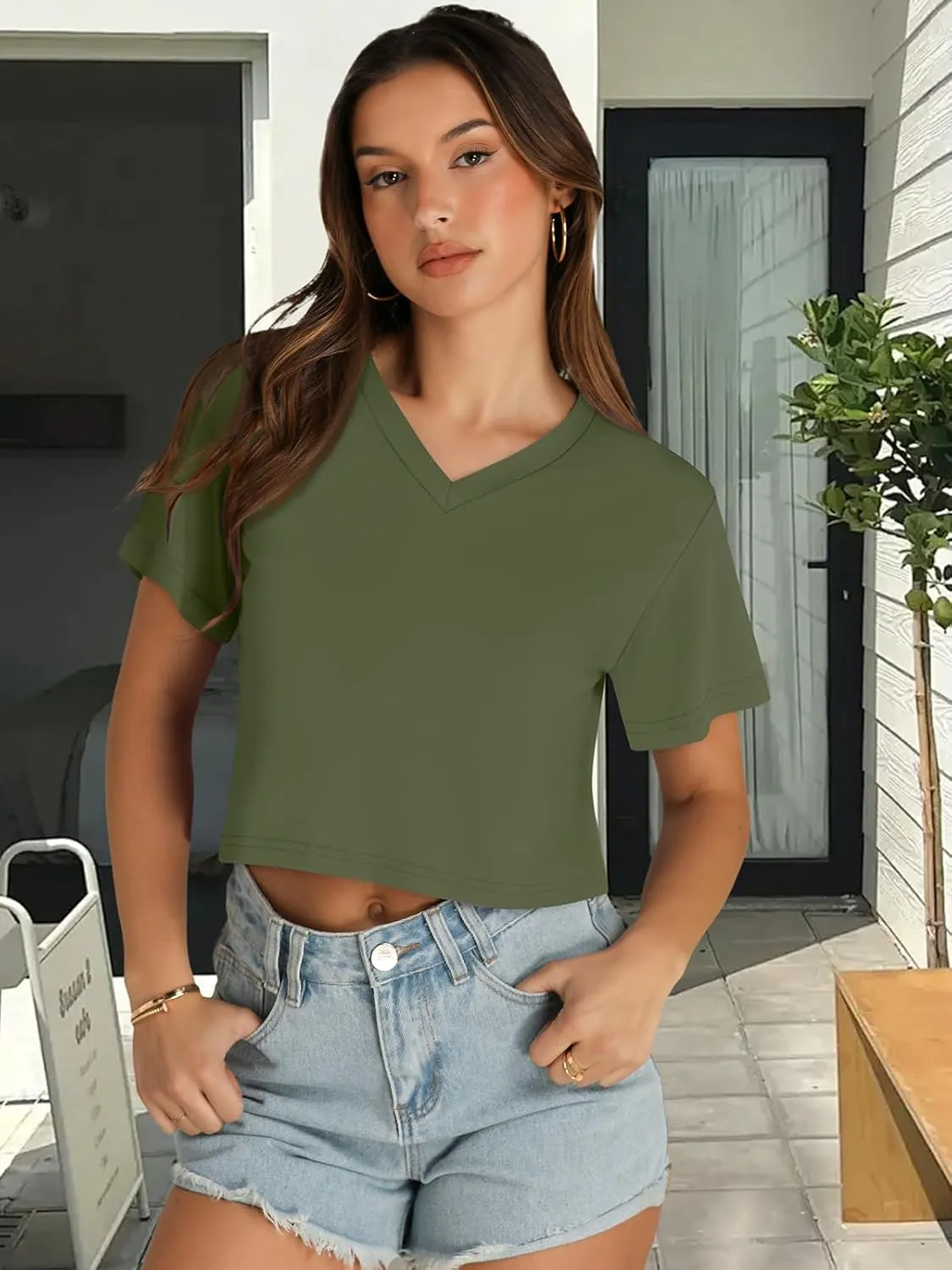 Womens Crop Tops Summer Baisc Tees V Neck T Shirts Casual Short Sleeve Cropped Top