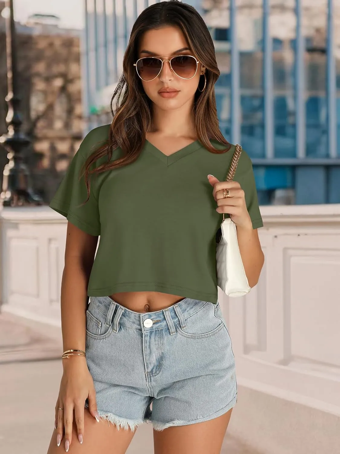 Womens Crop Tops Summer Baisc Tees V Neck T Shirts Casual Short Sleeve Cropped Top