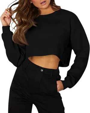 Womens Cropped Sweatshirt Long Sleeve Crewneck Oversized Sweater Tops Casual Comfy Loose Tunic Pullover Preppy Clothes