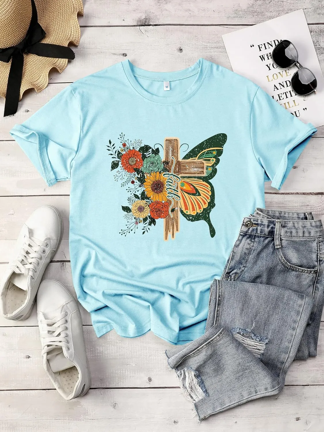 Women's Cross Faith T Shirt Cute Short Sleeve Butterflies Flowers Graphic Tees Casual Loose Summer Tops