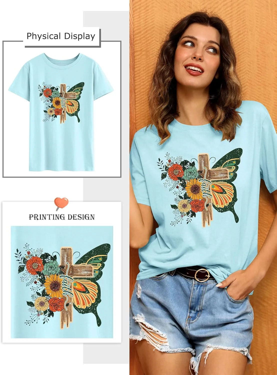 Women's Cross Faith T Shirt Cute Short Sleeve Butterflies Flowers Graphic Tees Casual Loose Summer Tops