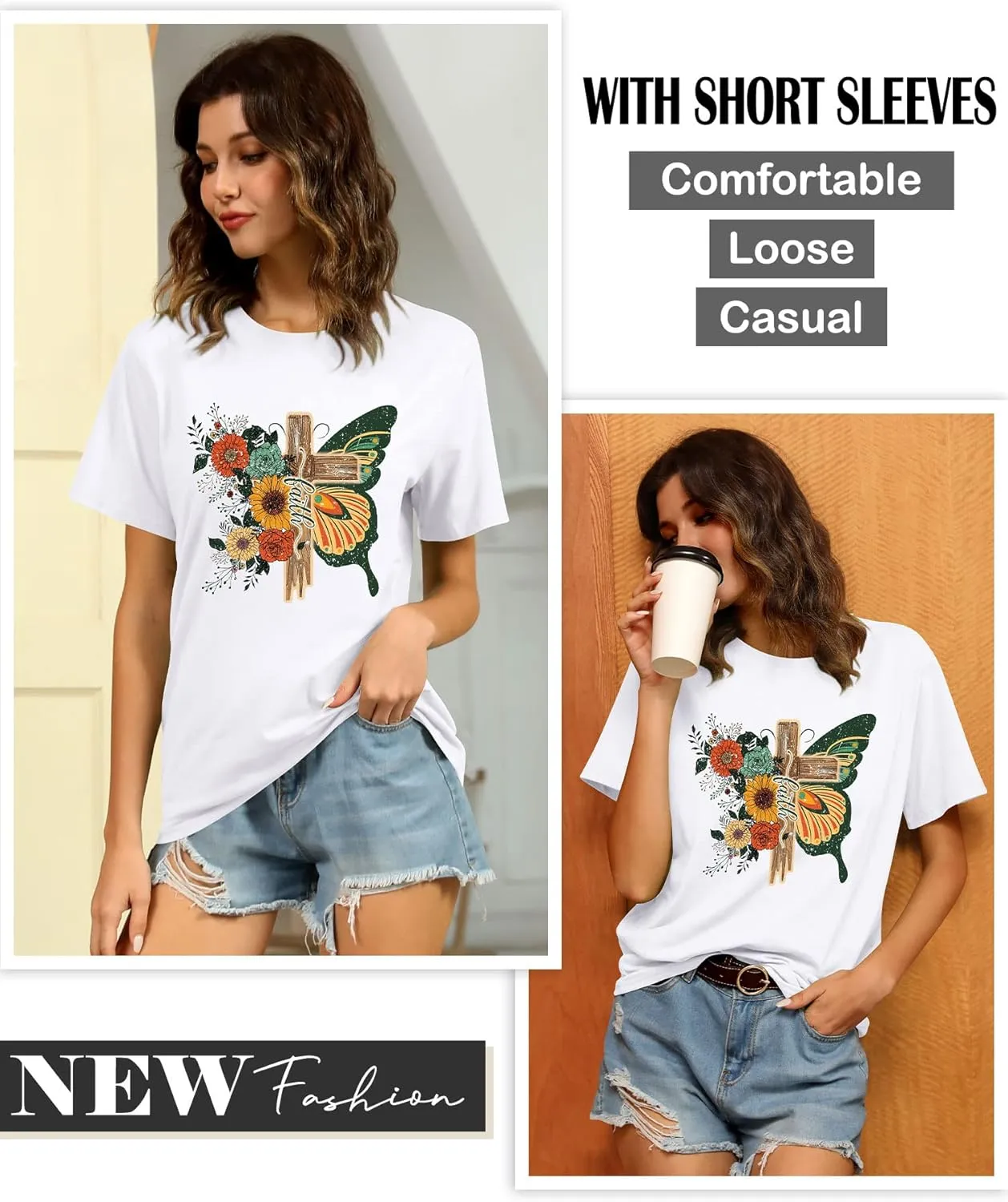 Women's Cross Faith T Shirt Cute Short Sleeve Butterflies Flowers Graphic Tees Casual Loose Summer Tops