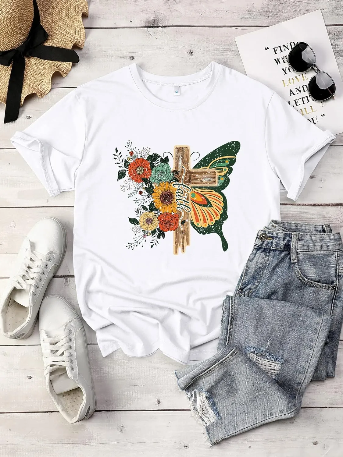 Women's Cross Faith T Shirt Cute Short Sleeve Butterflies Flowers Graphic Tees Casual Loose Summer Tops