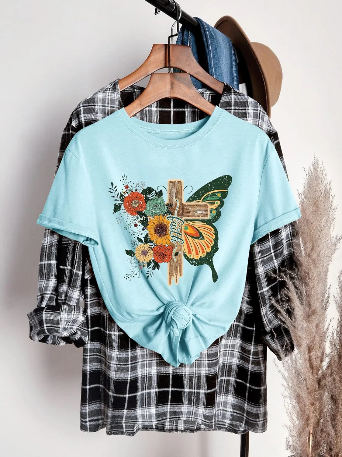 Women's Cross Faith T Shirt Cute Short Sleeve Butterflies Flowers Graphic Tees Casual Loose Summer Tops
