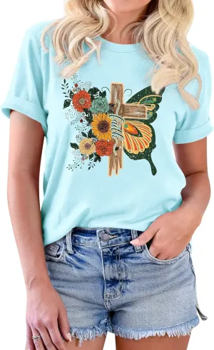 Women's Cross Faith T Shirt Cute Short Sleeve Butterflies Flowers Graphic Tees Casual Loose Summer Tops