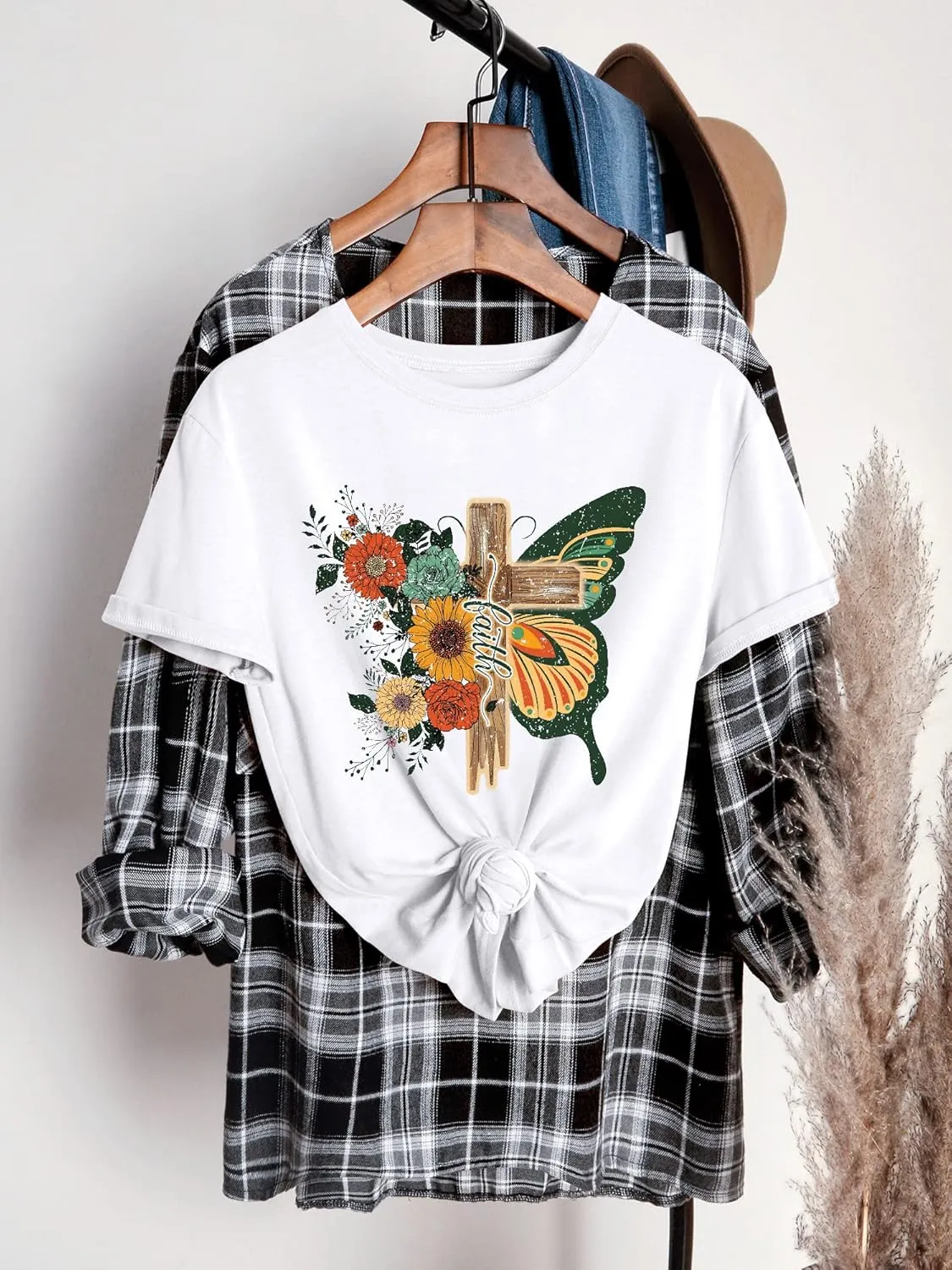 Women's Cross Faith T Shirt Cute Short Sleeve Butterflies Flowers Graphic Tees Casual Loose Summer Tops