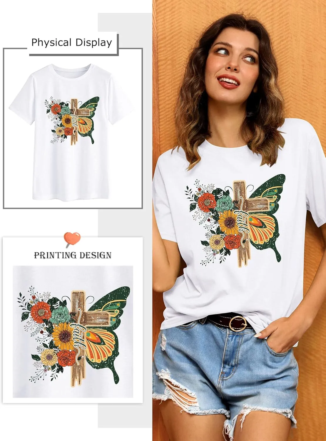 Women's Cross Faith T Shirt Cute Short Sleeve Butterflies Flowers Graphic Tees Casual Loose Summer Tops