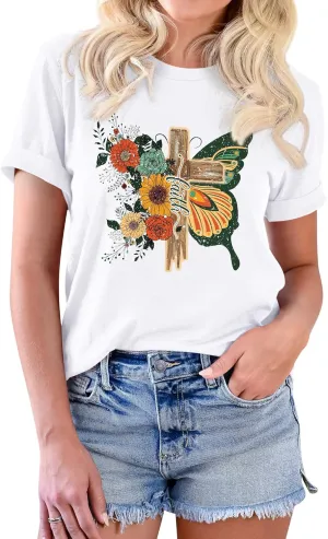 Women's Cross Faith T Shirt Cute Short Sleeve Butterflies Flowers Graphic Tees Casual Loose Summer Tops