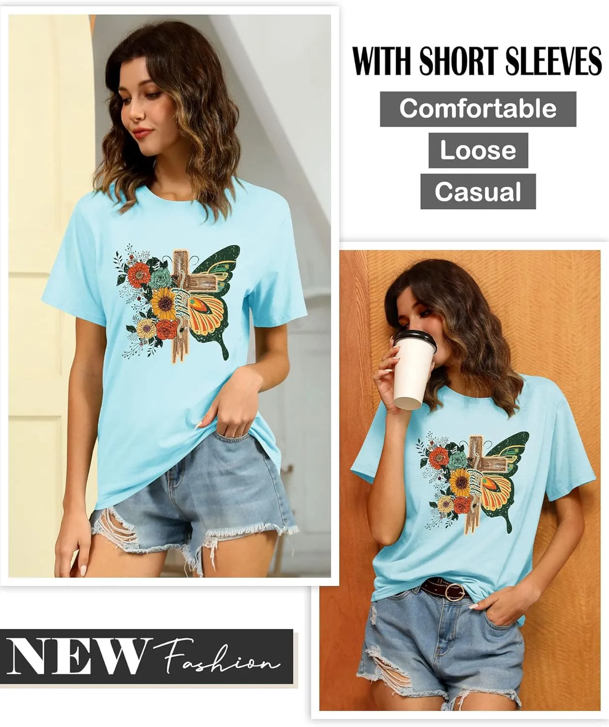 Women's Cross Faith T Shirt Cute Short Sleeve Butterflies Flowers Graphic Tees Casual Loose Summer Tops