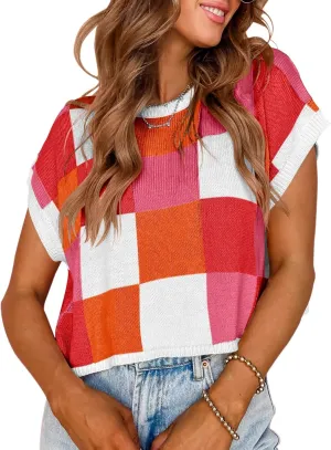 Womens Cute Crop Tops Cap Sleeve Knit Sweater Color Block Crew Neck Shirts Trendy Casual Pullover Tops