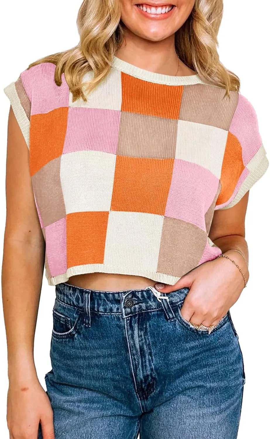 Womens Cute Crop Tops Cap Sleeve Knit Sweater Color Block Crew Neck Shirts Trendy Casual Pullover Tops