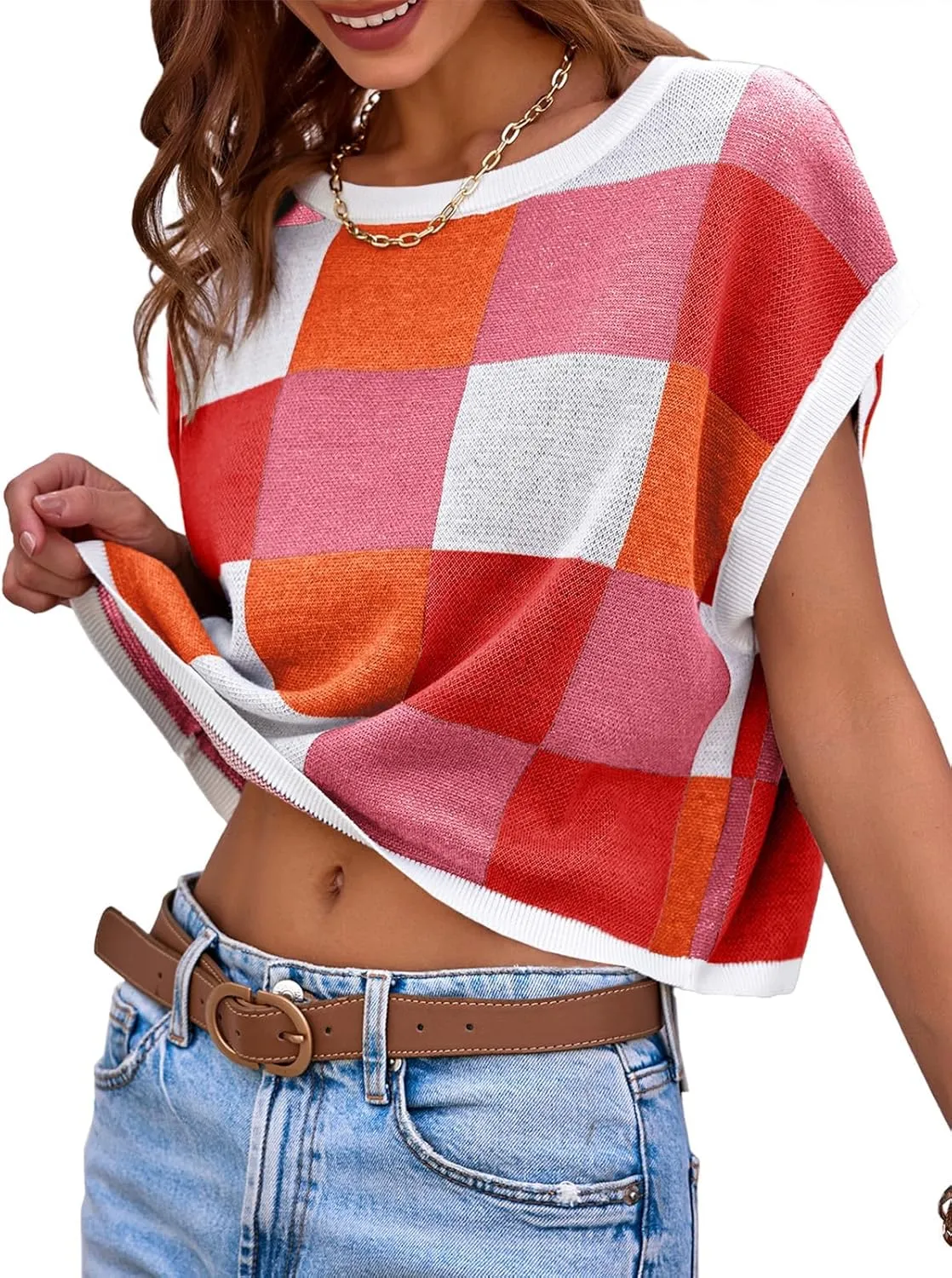 Womens Cute Crop Tops Cap Sleeve Knit Sweater Color Block Crew Neck Shirts Trendy Casual Pullover Tops