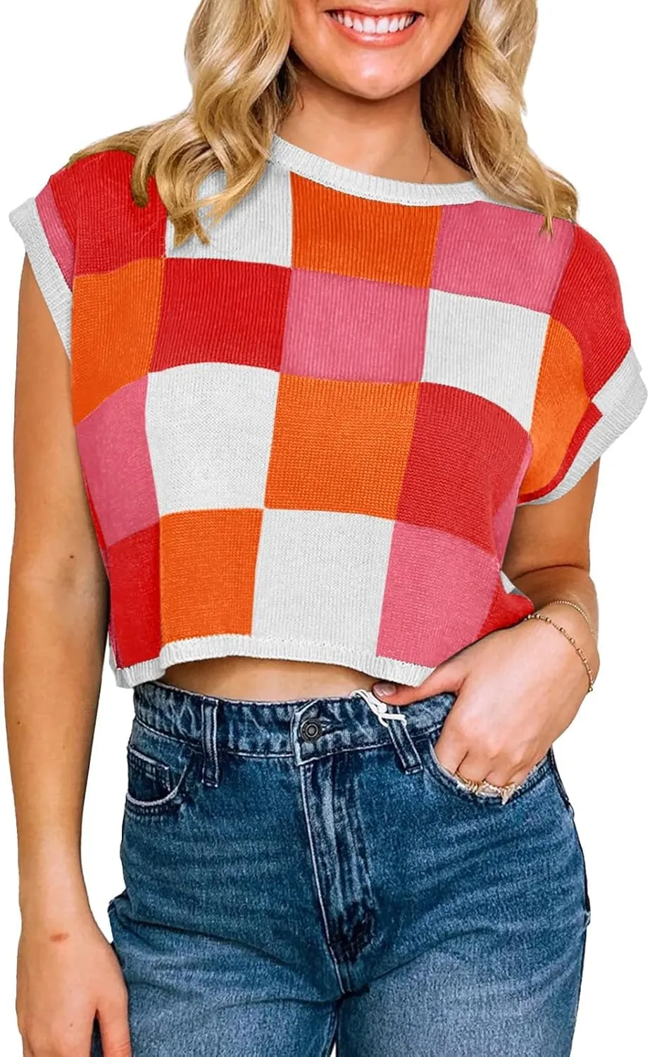Womens Cute Crop Tops Cap Sleeve Knit Sweater Color Block Crew Neck Shirts Trendy Casual Pullover Tops