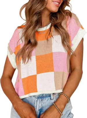 Womens Cute Crop Tops Cap Sleeve Knit Sweater Color Block Crew Neck Shirts Trendy Casual Pullover Tops