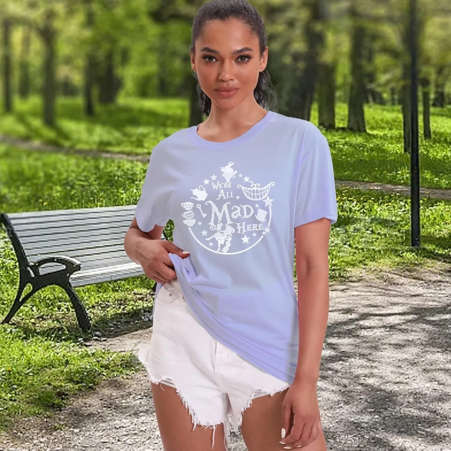 Women's Cute Graphic Tees We're All Mad Here Printed Shirts Summer Vacation Shirts Vintage Magic Short Sleeve Top