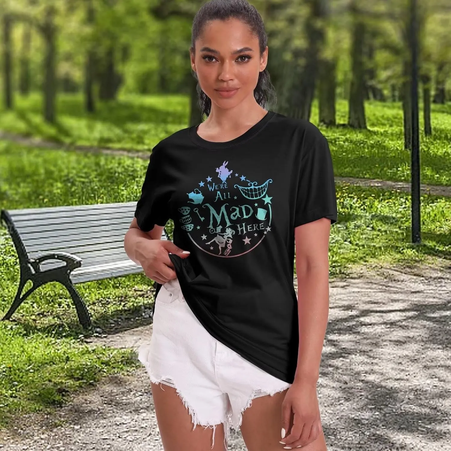 Women's Cute Graphic Tees We're All Mad Here Printed Shirts Summer Vacation Shirts Vintage Magic Short Sleeve Top