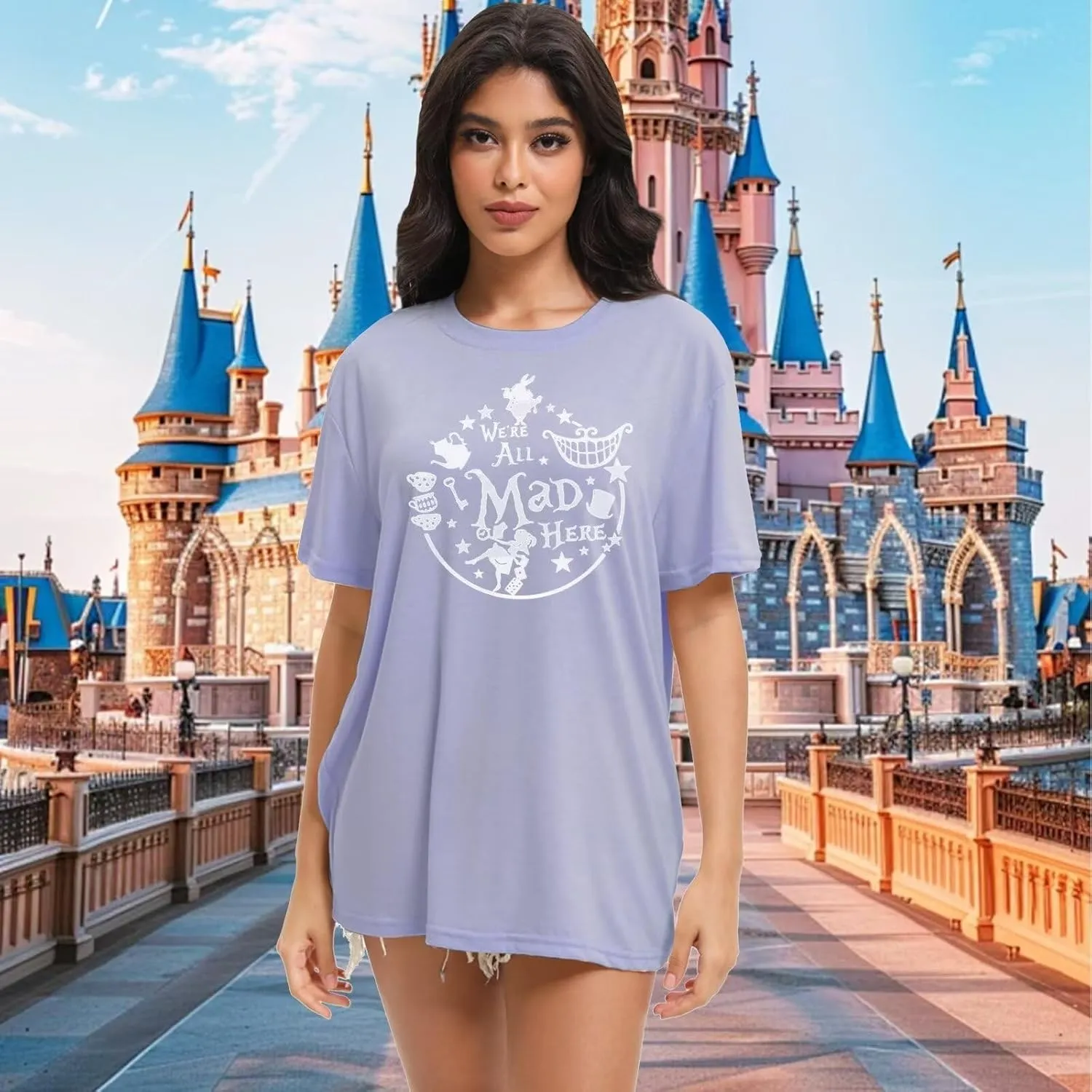 Women's Cute Graphic Tees We're All Mad Here Printed Shirts Summer Vacation Shirts Vintage Magic Short Sleeve Top