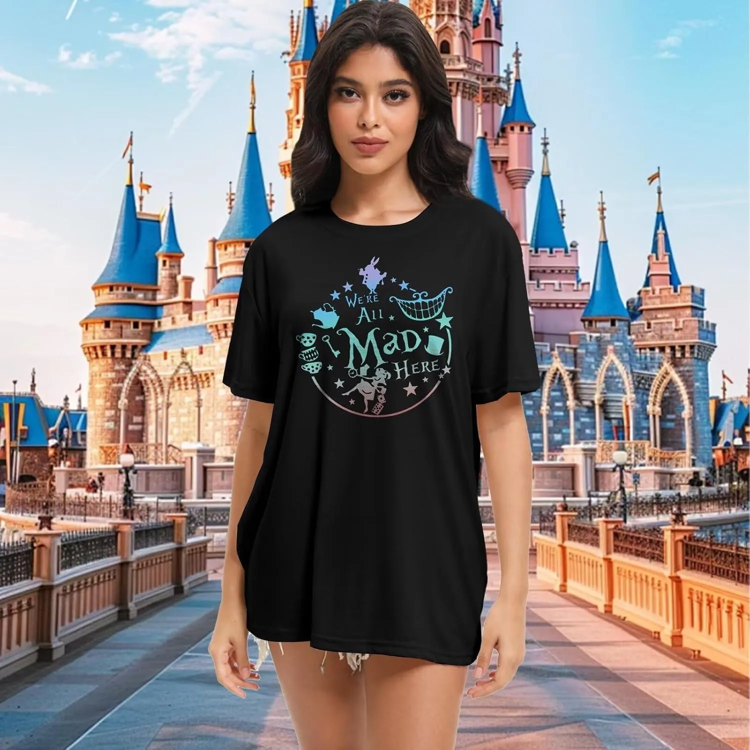 Women's Cute Graphic Tees We're All Mad Here Printed Shirts Summer Vacation Shirts Vintage Magic Short Sleeve Top