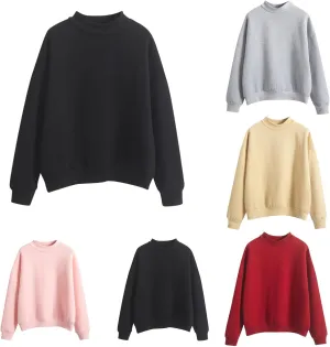 Womens Fashion Cotton Pullover Casual Solid Color Oversized Long Sleeve Round Neck Sweatshirt Tops Soft Basic Hoodie