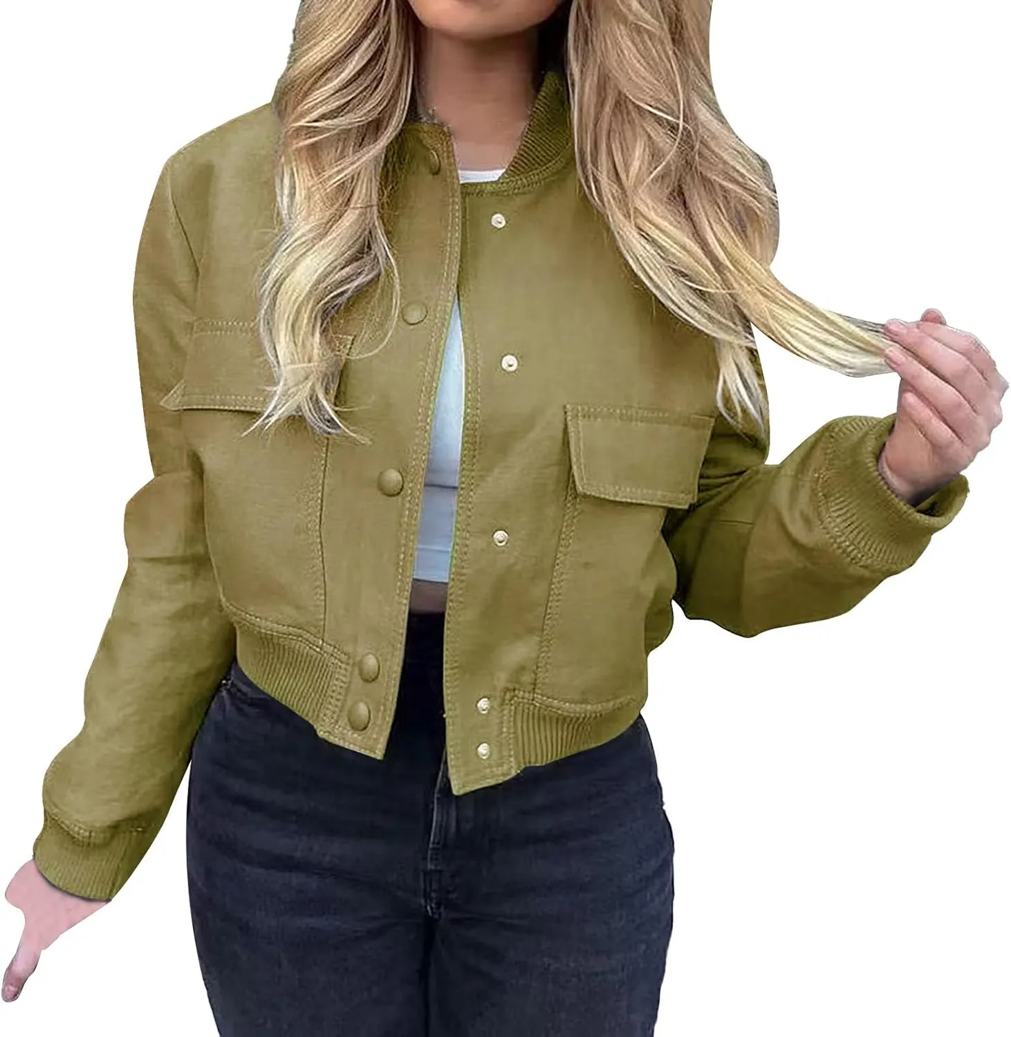 Women's Fashion Short Jackets Fall Button Down Strand Collar Varsity Cropped Shackets Long Sleeve Bomber with Pockets