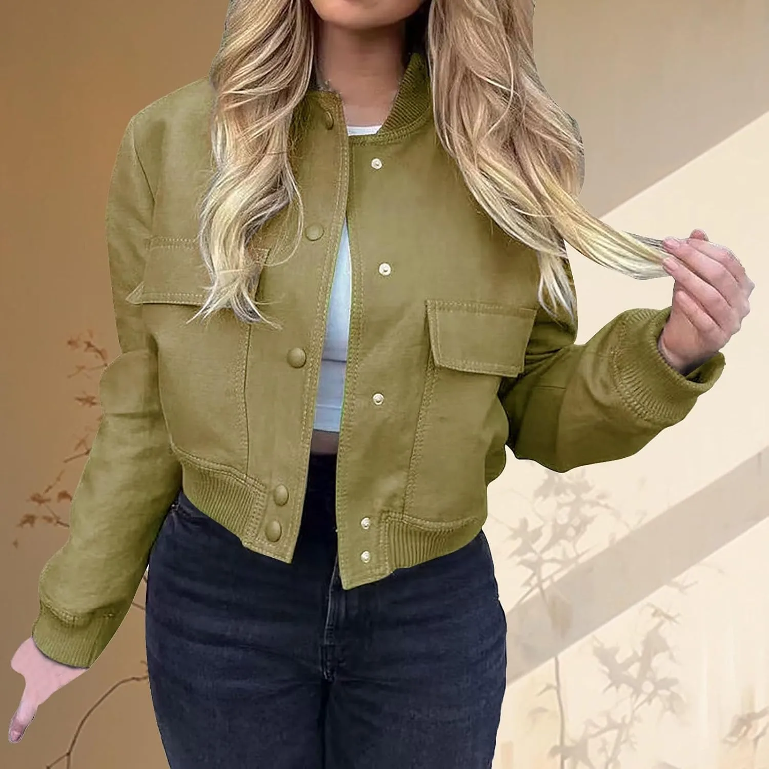 Women's Fashion Short Jackets Fall Button Down Strand Collar Varsity Cropped Shackets Long Sleeve Bomber with Pockets