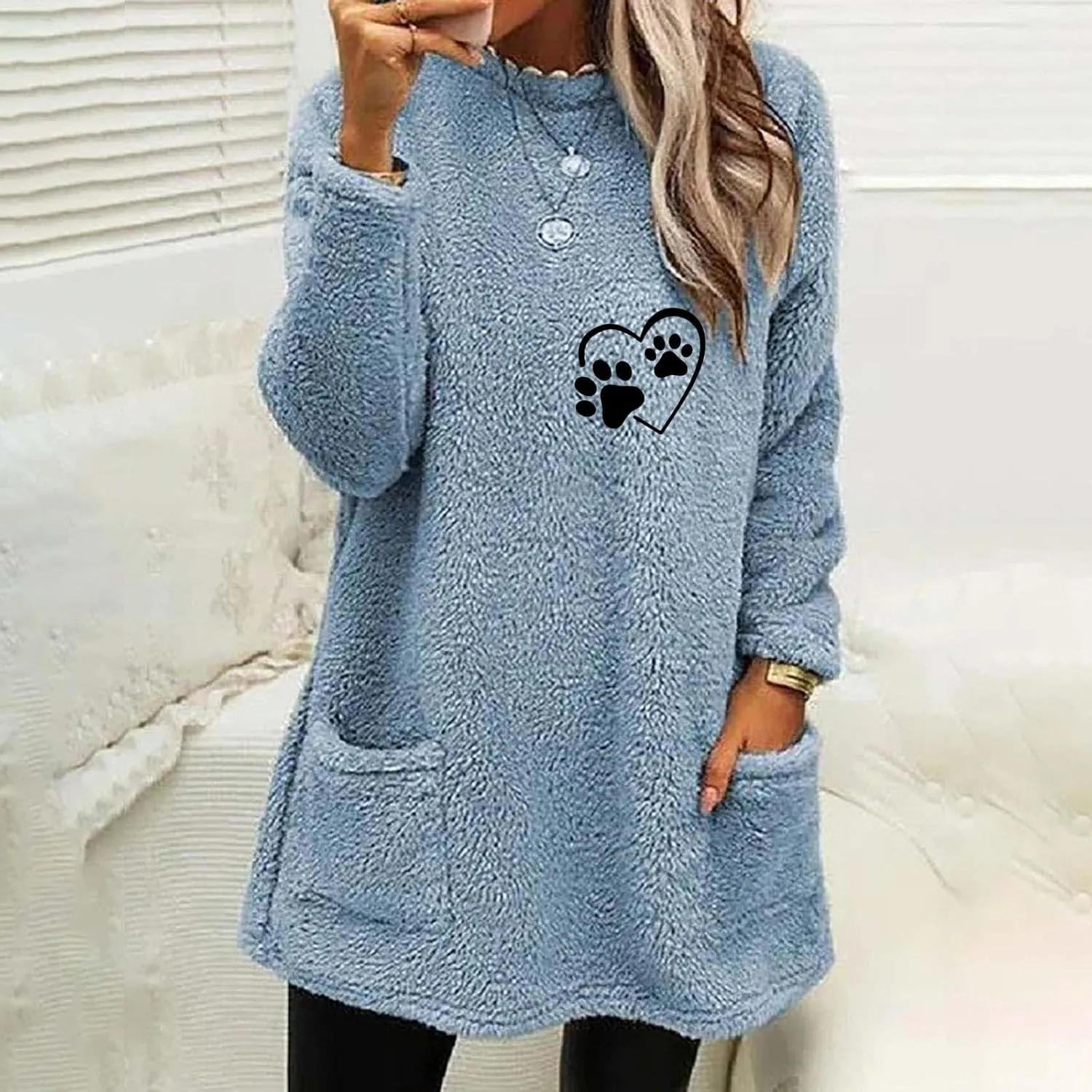 Womens Fuzzy Fleece Sweatshirts Casual Loose Oversized Sherpa Pullovers Cute Graphic Soft Comfy Sweaters Loungewear