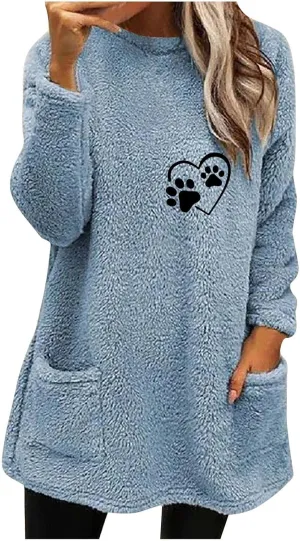 Womens Fuzzy Fleece Sweatshirts Casual Loose Oversized Sherpa Pullovers Cute Graphic Soft Comfy Sweaters Loungewear