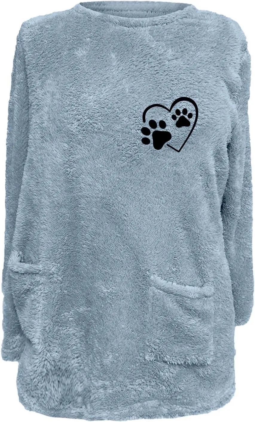 Womens Fuzzy Fleece Sweatshirts Casual Loose Oversized Sherpa Pullovers Cute Graphic Soft Comfy Sweaters Loungewear