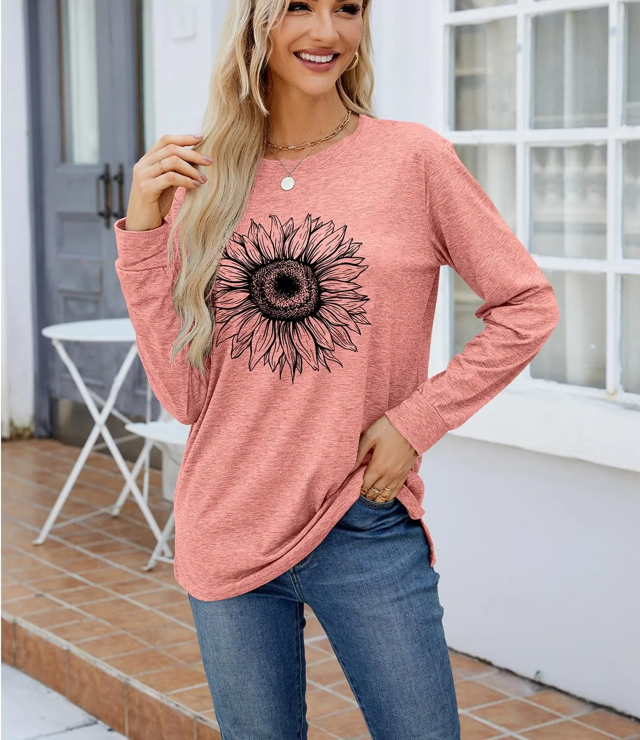 Women's Graphic T Shirts Long Sleeve Tees Sunflower Crewneck Casual Loose Fall Tunic Tops
