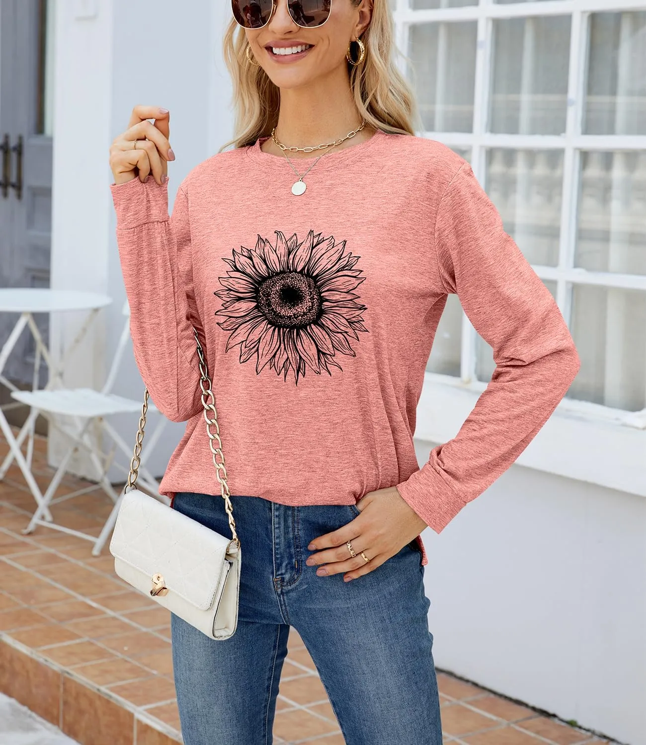 Women's Graphic T Shirts Long Sleeve Tees Sunflower Crewneck Casual Loose Fall Tunic Tops