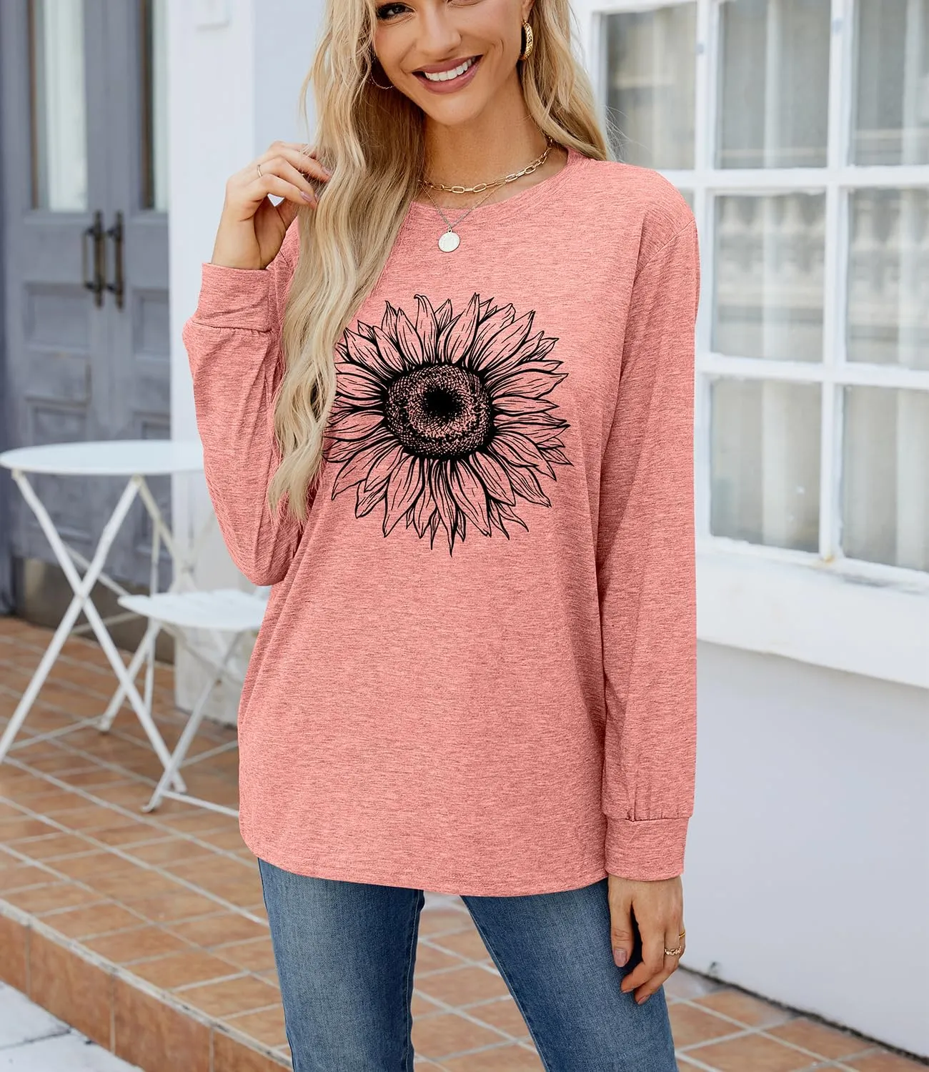 Women's Graphic T Shirts Long Sleeve Tees Sunflower Crewneck Casual Loose Fall Tunic Tops