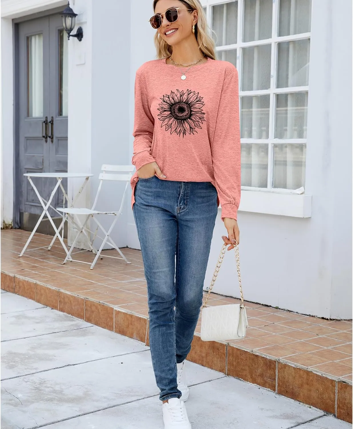 Women's Graphic T Shirts Long Sleeve Tees Sunflower Crewneck Casual Loose Fall Tunic Tops