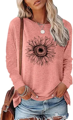 Women's Graphic T Shirts Long Sleeve Tees Sunflower Crewneck Casual Loose Fall Tunic Tops
