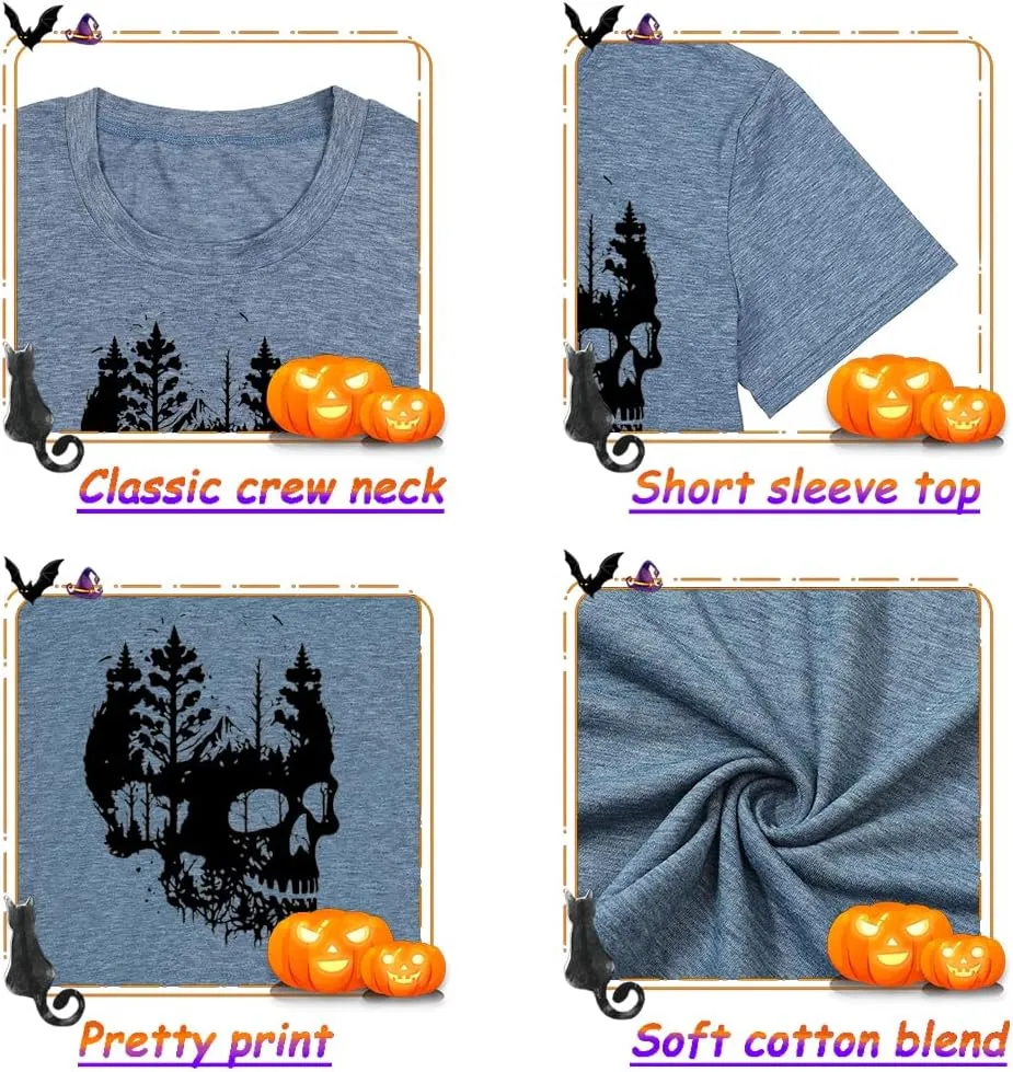 Womens Halloween Shirts Vintage Graphic Tees Funny Ghost Printed Cute Tops Casual Loose Fit Shirts Skull Teen Girl Clothes