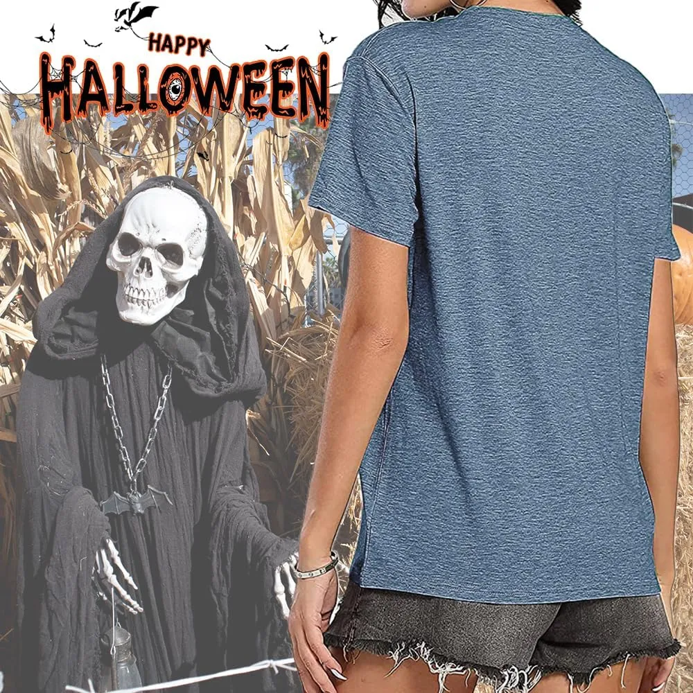 Womens Halloween Shirts Vintage Graphic Tees Funny Ghost Printed Cute Tops Casual Loose Fit Shirts Skull Teen Girl Clothes